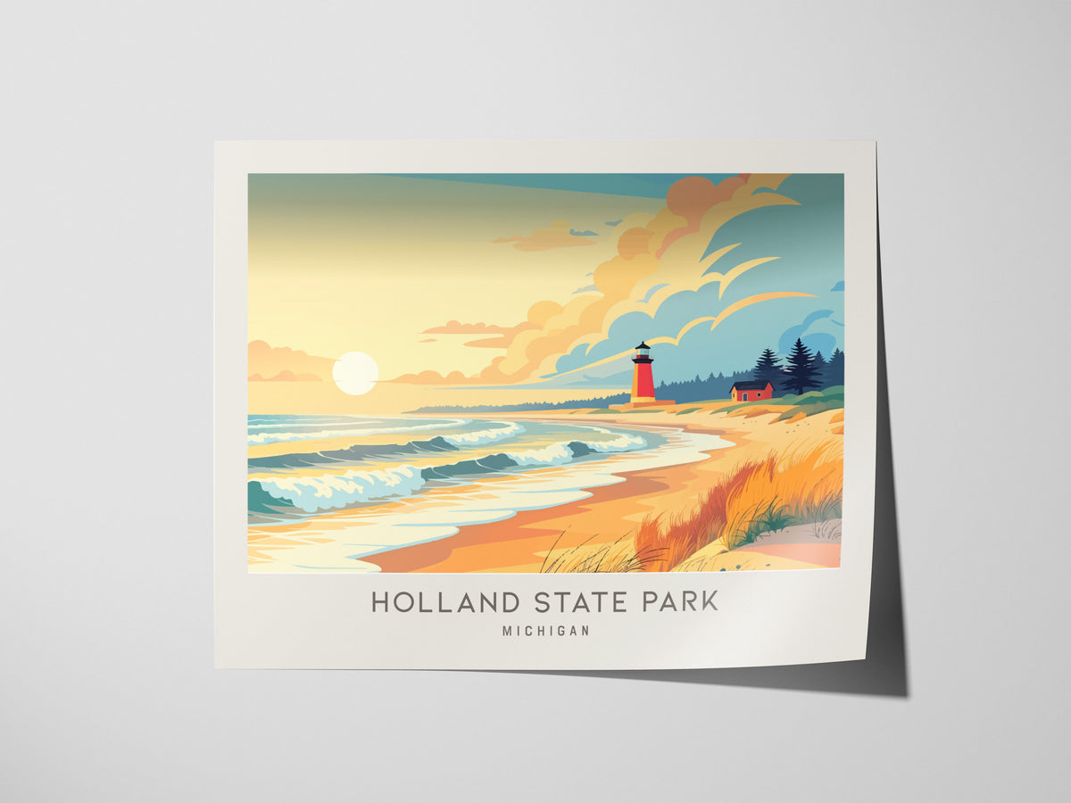 Holland State Park Landscape Matte Border Poster | Michigan Beach House Decor Vacation Wall Art — giclée print detail on matt