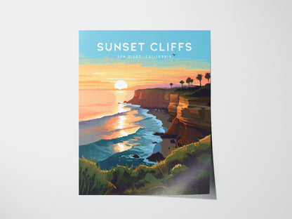 Illustrated poster of Sunset Cliffs, San Diego, featuring a vibrant sunset over the ocean, dramatic cliffs, and silhouetted palm trees. The text reads Sunset Cliffs San Diego, California.