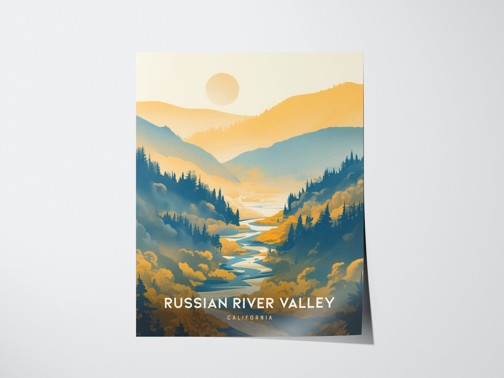 Illustrated poster of the Russian River Valley in California, featuring stylized rolling hills, a winding river, and a sunlit sky. Lush trees accentuate the vibrant landscape.