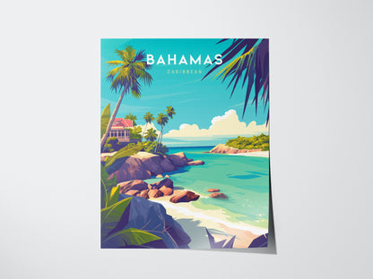 A vibrant Bahamas travel poster features turquoise waters, rocky shores, and lush palm trees under a bright blue sky, capturing the essence of a tropical paradise.