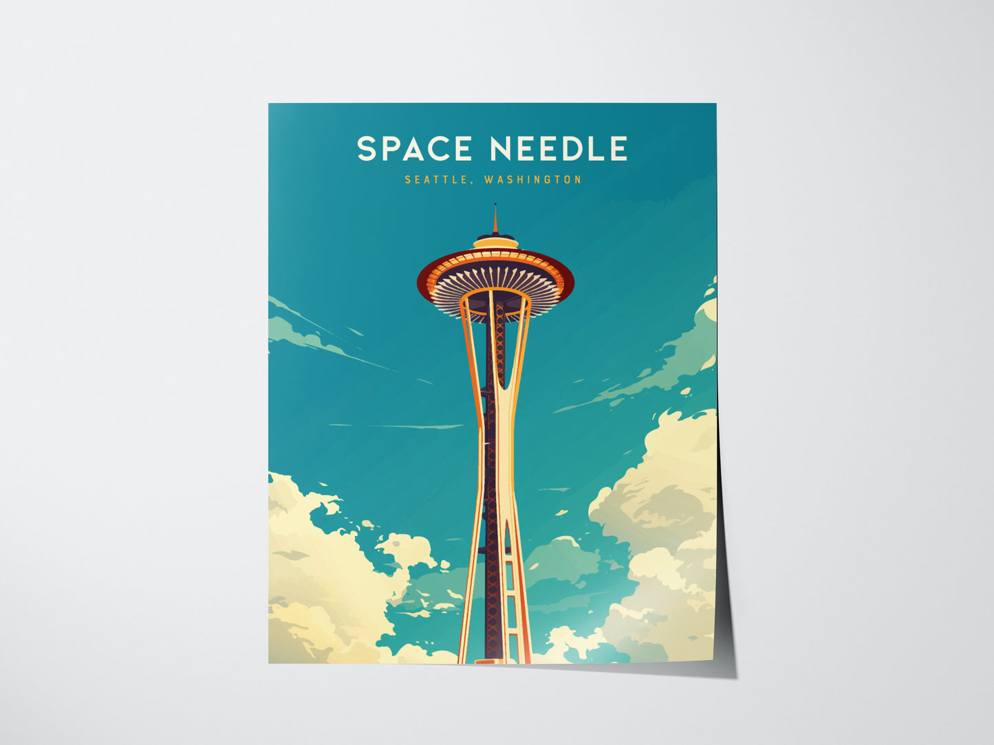 Illustrated poster of the Space Needle in Seattle, Washington, set against a blue sky with fluffy clouds. The design features a vintage travel art style.