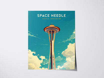 Illustrated poster of the Space Needle in Seattle, Washington, set against a blue sky with fluffy clouds. The design features a vintage travel art style.