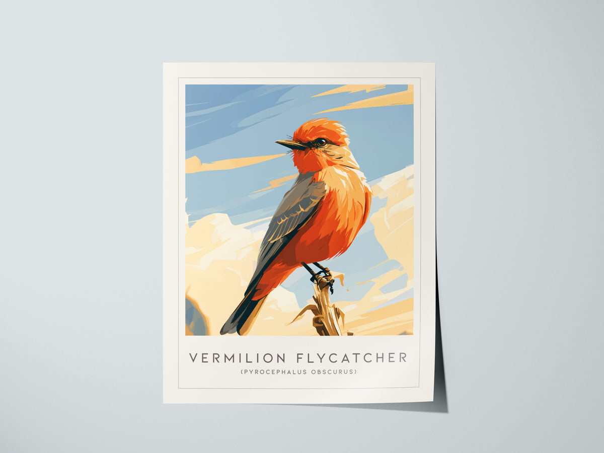 Vermilion Flycatcher, Pyrocephalus obscurus Poster | Brilliant Songbird Nature Poster Wall Art — giclée print detail on matte