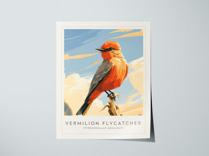 Vermilion Flycatcher, Pyrocephalus obscurus Poster | Brilliant Songbird Nature Poster Wall Art — giclée print detail on matte
