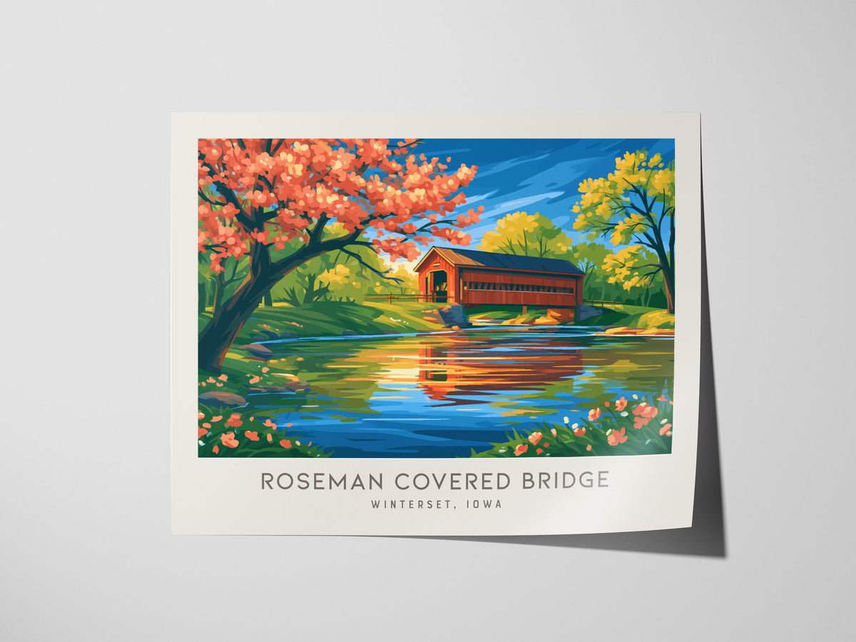 Roseman Covered Bridge Landscape Matte Border Poster | Winterset, Iowa Vacation Wall Art — giclée print detail on matte paper