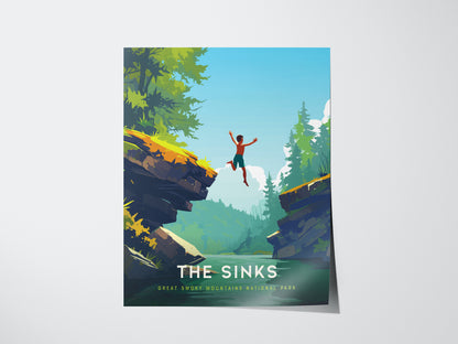 A vibrant poster titled The Sinks shows a person in mid-air, leaping from a rocky ledge into a serene body of water, surrounded by lush greenery and towering trees in the Great Smoky Mountains National Park.