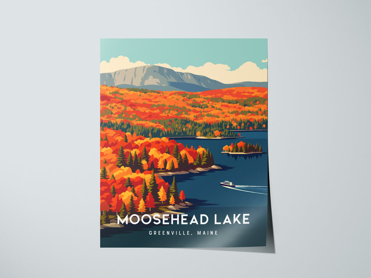 Moosehead Lake, Greenville, Maine Poster | Lakeside Wilderness Retreat Framed or Unframed Wall Art — giclée print detail on m
