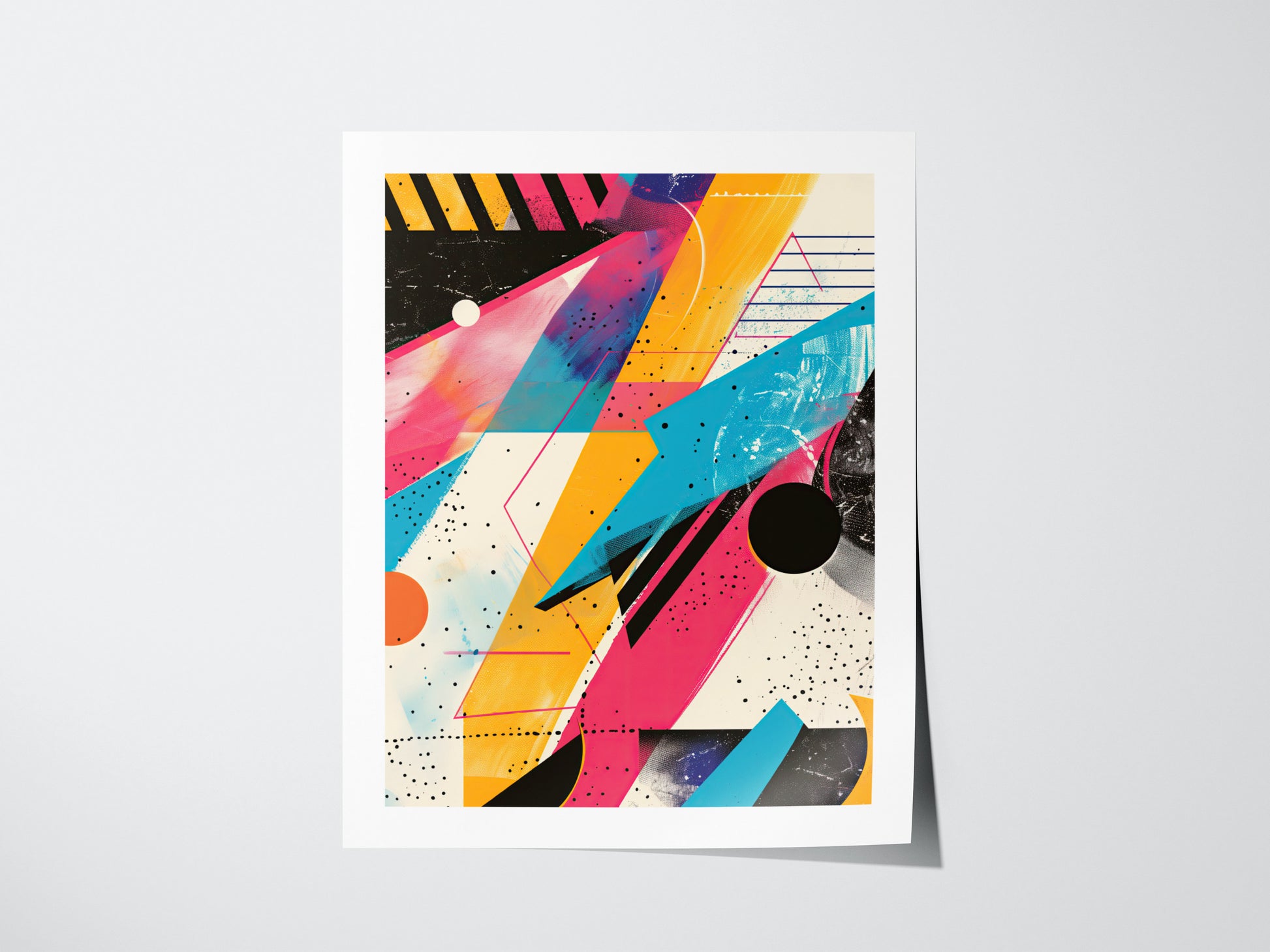 A vibrant 1980s-inspired abstract poster featuring bold geometric shapes in pink, blue, yellow, and black with dynamic patterns. The design includes diagonal lines and circular elements.