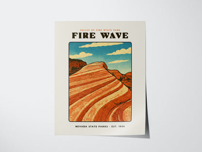 Fire Wave Valley of Fire Block Print | Vintage Nevada State Park Desert Wall Art | Framed or Unframed