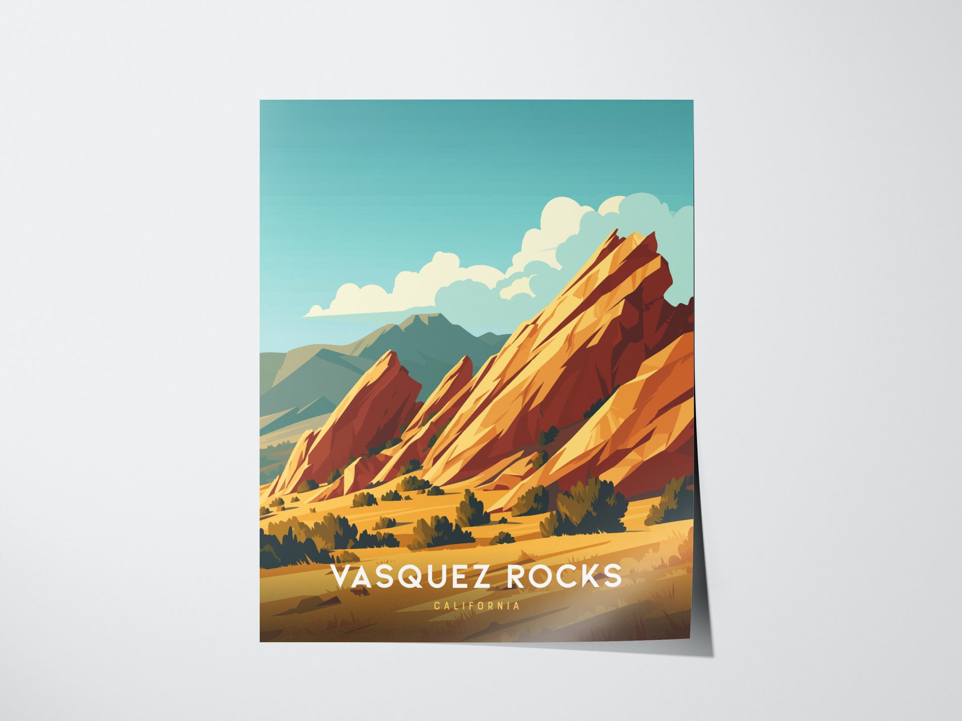 Illustrated poster of Vasquez Rocks, featuring striking tilted sandstone formations under a blue sky with clouds. The foreground shows desert vegetation, and Vasquez Rocks California is labeled below.