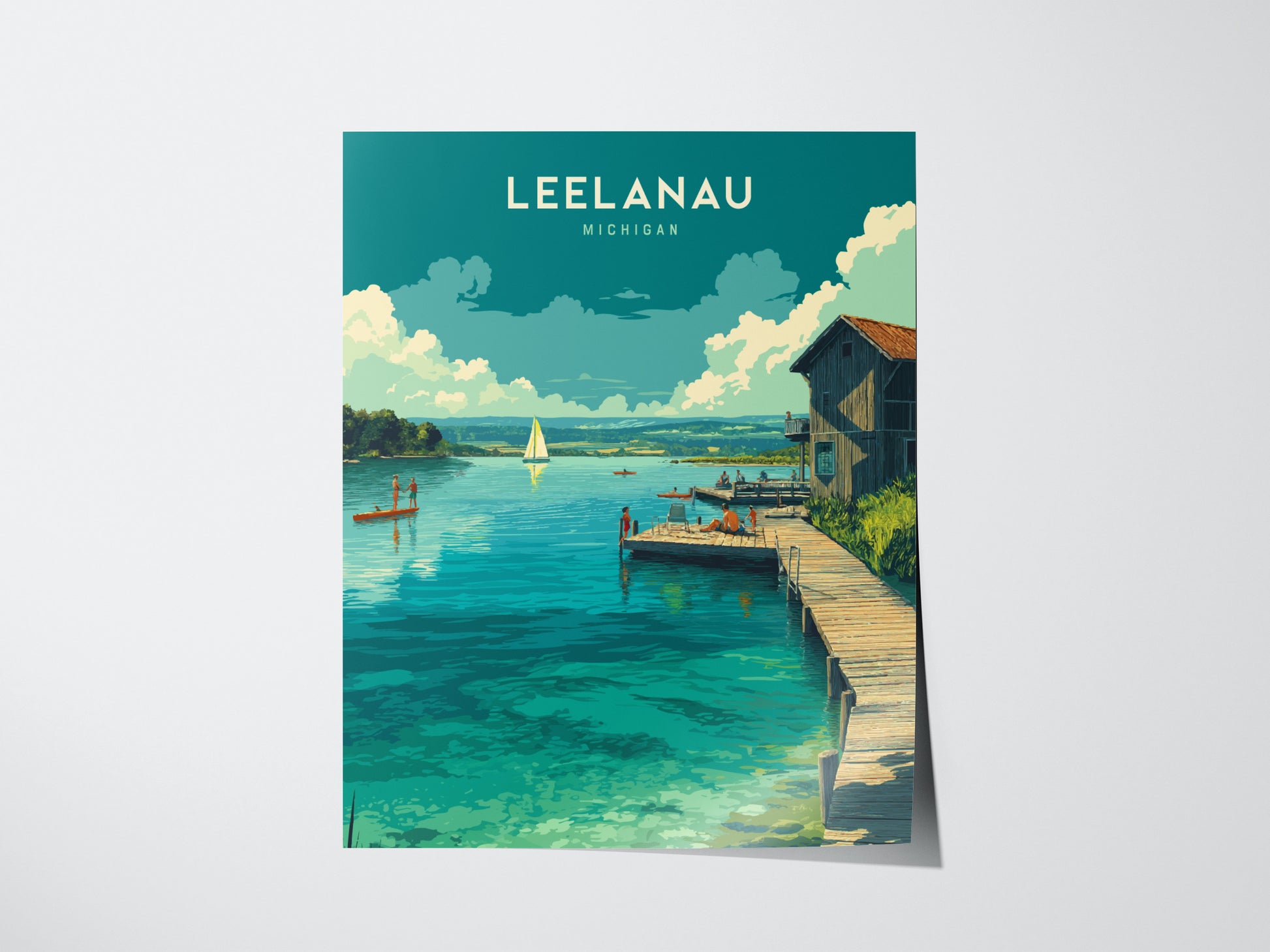 Leelanau Michigan Lake Poster | Rustic Dock Sailboat Wall Art