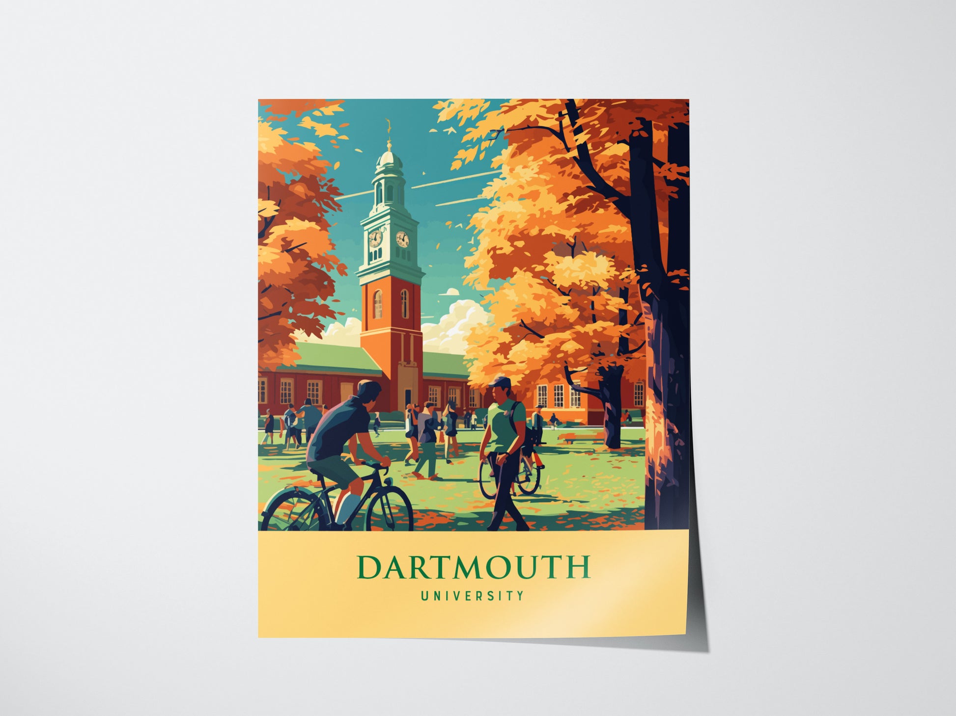 A poster depicting a vibrant fall scene at Dartmouth University, featuring students walking and biking near a historic building with a clock tower surrounded by orange-leaved trees.