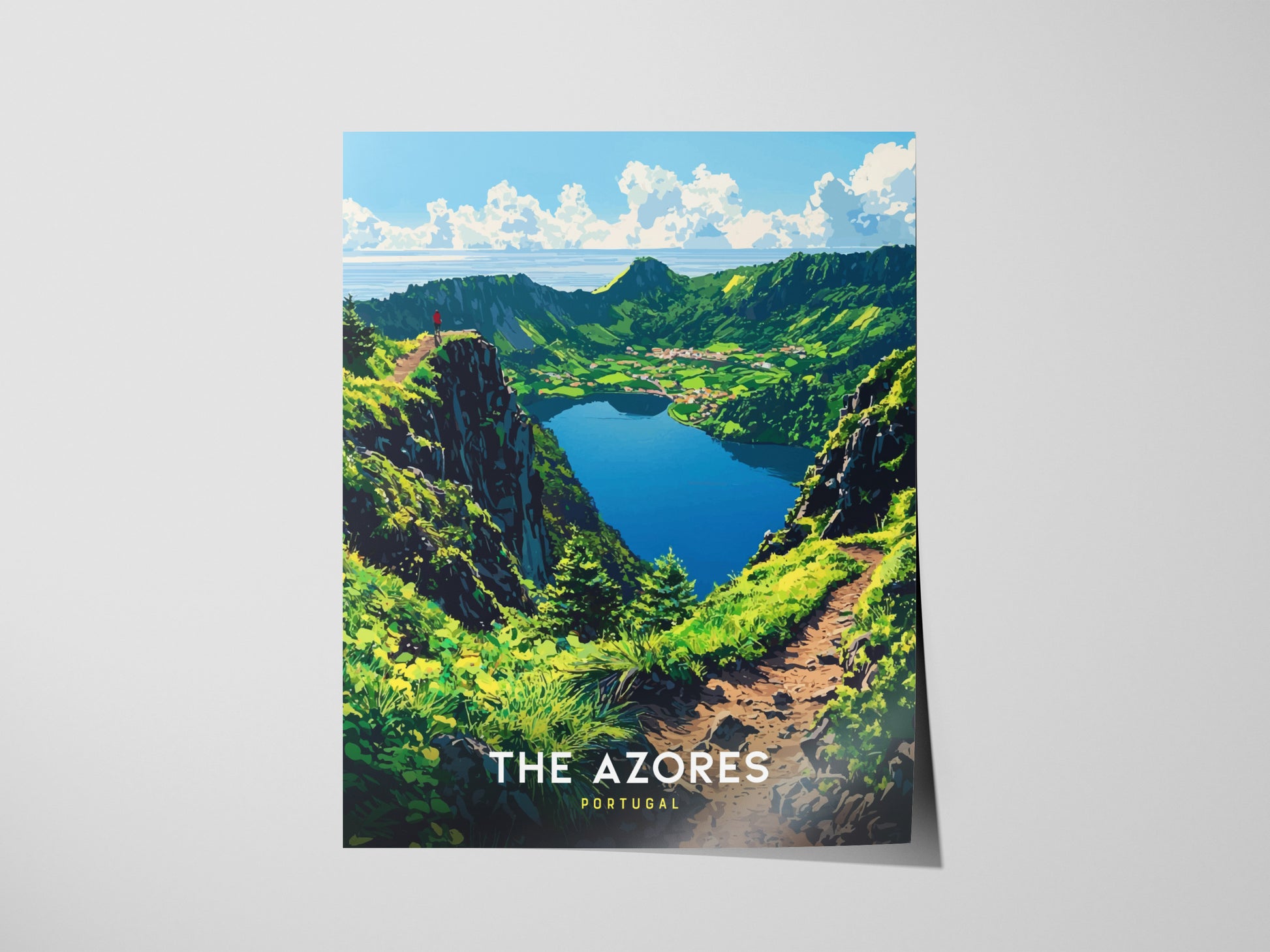 Azores travel poster featuring Sete Cidades crater lake and lush green volcanic cliffs in Portugal.