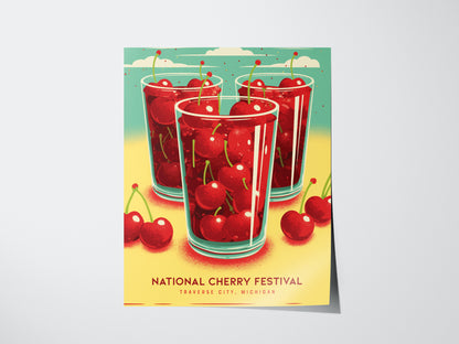 A colorful poster featuring three glasses filled with red cherries against a bright teal and yellow background. The text reads National Cherry Festival, Traverse City, Michigan.