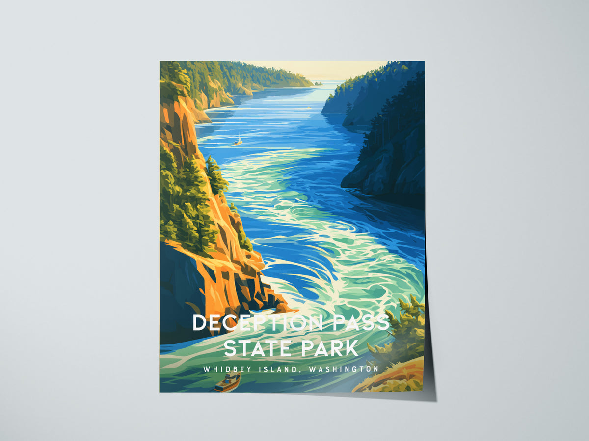 Deception Pass State Park, Whidbey Island, Washington Poster | Dramatic Bridge & Emerald Waters Wall Art — giclée print detai