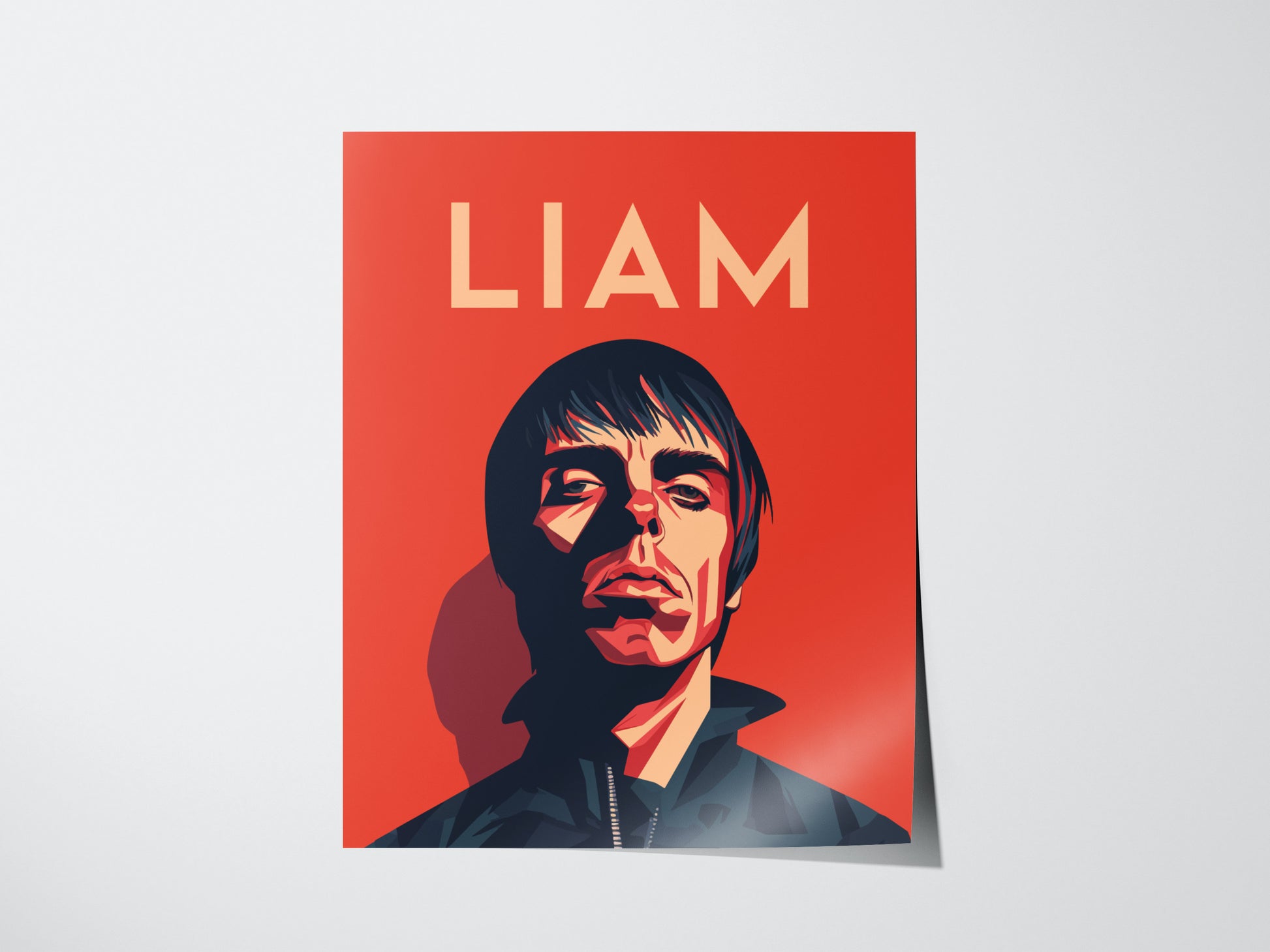 A bold poster features a stylized portrait of a person with dark hair against a red background, with the name LIAM in large letters at the top.