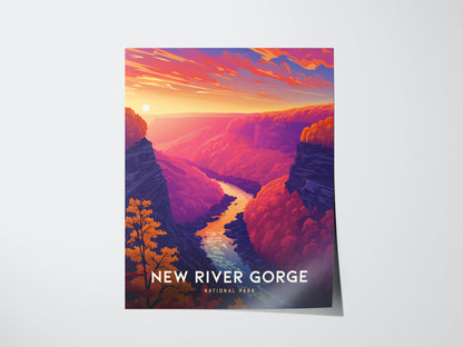 Colorful illustration of New River Gorge at sunset, featuring vibrant orange and purple canyon walls and a winding river. Text reads New River Gorge National Park at the bottom.