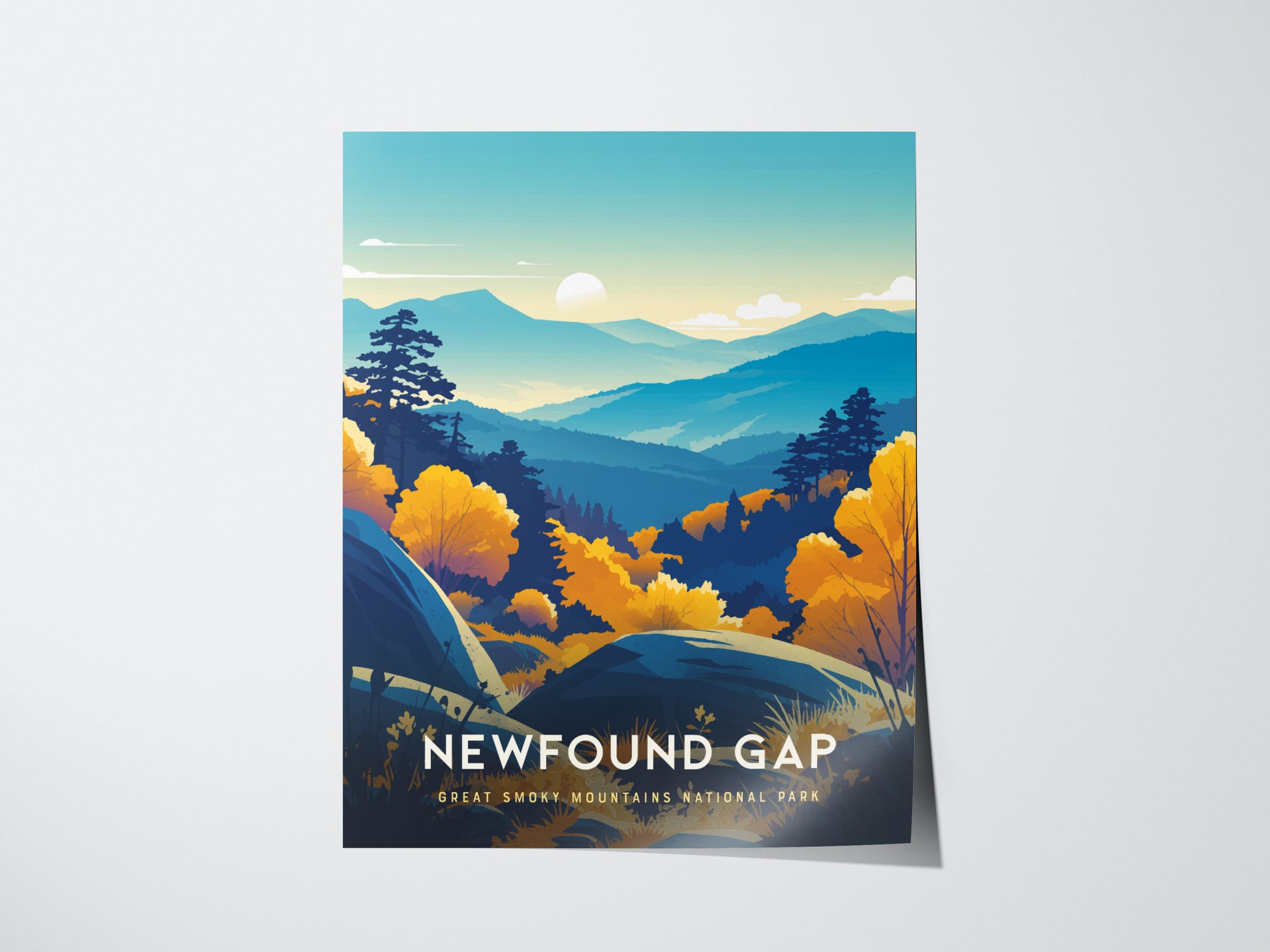 A vibrant poster of Newfound Gap in Great Smoky Mountains National Park features layered blue ridgelines and golden autumn trees under a pastel sky. The design captures the serene beauty of the landscape.