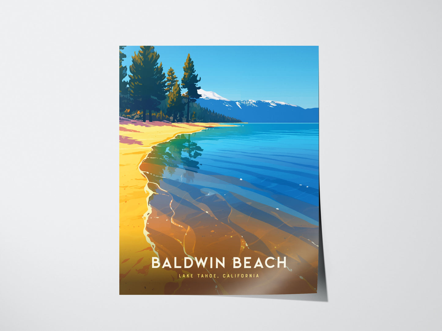 A vibrant illustration of Baldwin Beach, showcasing golden sands, turquoise waters, and lush pine trees with snow-capped mountains in the background. The text reads Baldwin Beach, Lake Tahoe, California.