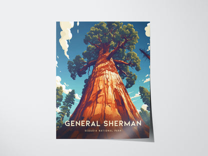 This image shows a vibrant poster of the General Sherman Tree in Sequoia National Park, highlighting its towering trunk against a blue sky. The words GENERAL SHERMAN are visible.