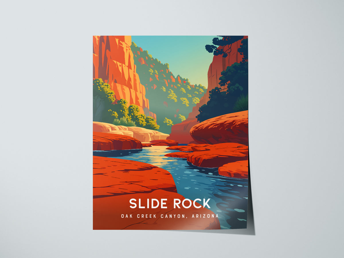 Slide Rock, Oak Creek Canyon, Arizona Poster | Red Rock Swimming Hole Travel Wall Art — giclée print detail on matte paper