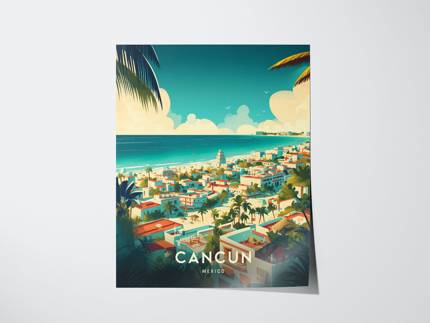 Colorful illustration of Cancun, Mexico, featuring vibrant buildings, lush palm trees, and the turquoise Caribbean Sea under a clear sky. The word CANCUN is prominently displayed at the bottom.
