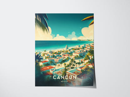 Colorful illustration of Cancun, Mexico, featuring vibrant buildings, lush palm trees, and the turquoise Caribbean Sea under a clear sky. The word CANCUN is prominently displayed at the bottom.