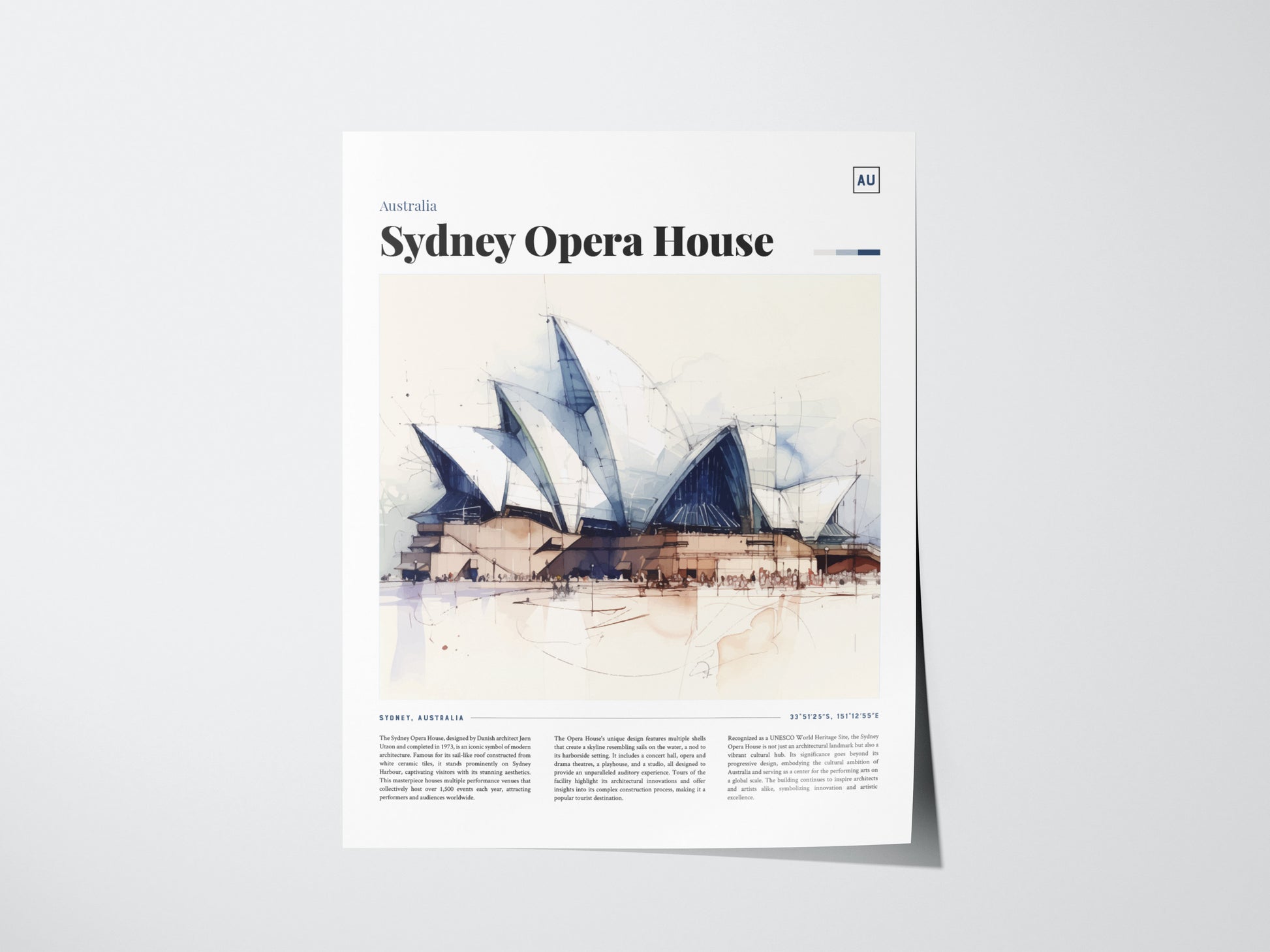 A poster featuring a watercolor illustration of the Sydney Opera House with its iconic sail-shaped structures. Sydney Opera House is prominently displayed at the top.