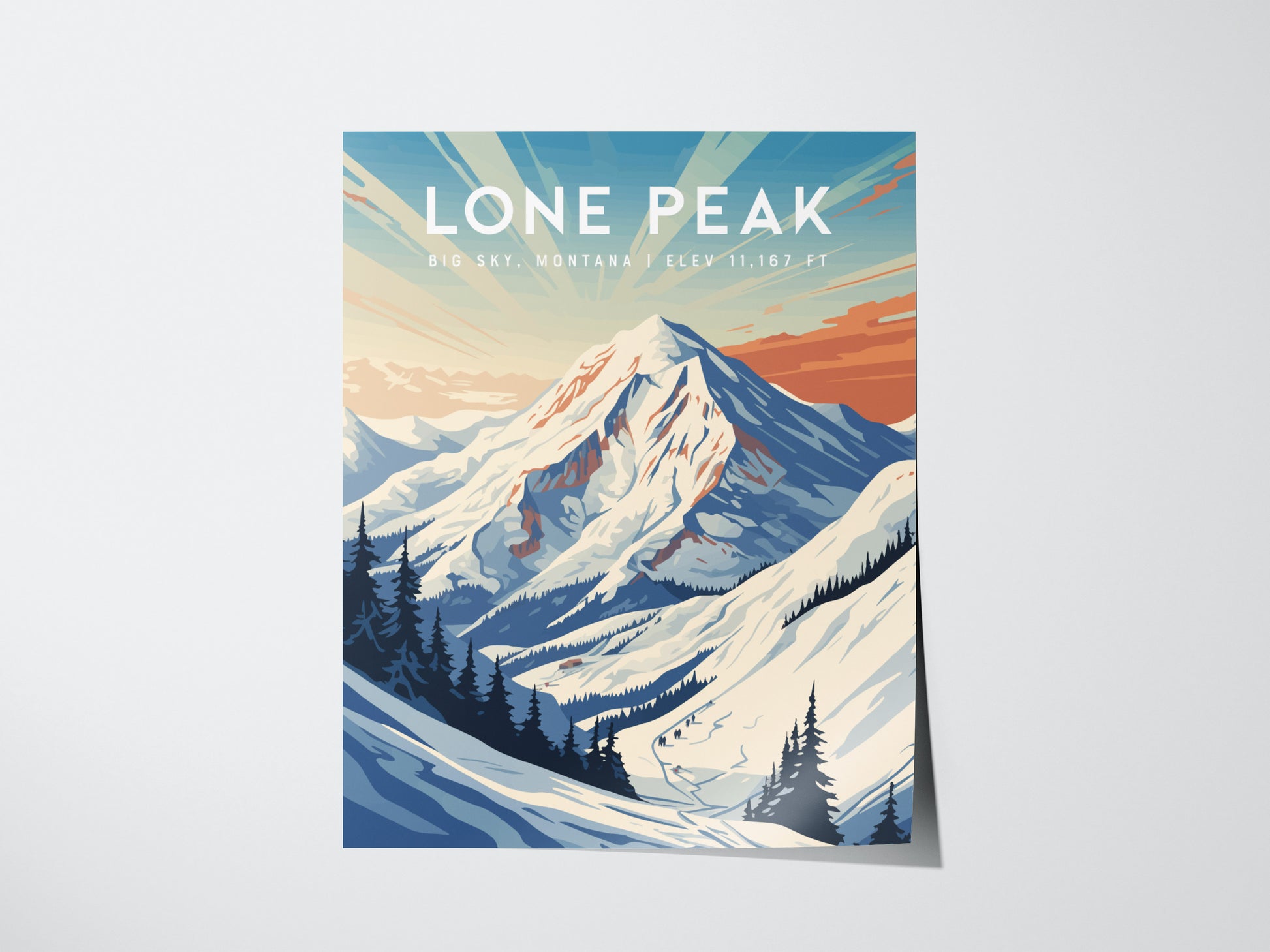 Colorful illustration of Lone Peak in Big Sky, Montana, featuring snow-covered slopes, pine trees, and a vivid sunset sky. The poster highlights the mountains majestic elevation of 11,167 feet.
