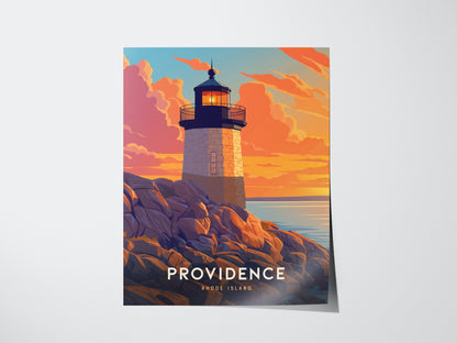 A vibrant poster depicts a lighthouse on rocky cliffs at sunset, with warm orange and pink clouds in the sky. The text reads Providence, Rhode Island.