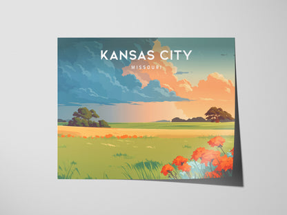 Kansas City, Missouri Landscape Poster | BBQ Jazz & Skyline Travel Gift Wall Art — giclée print detail on matte paper
