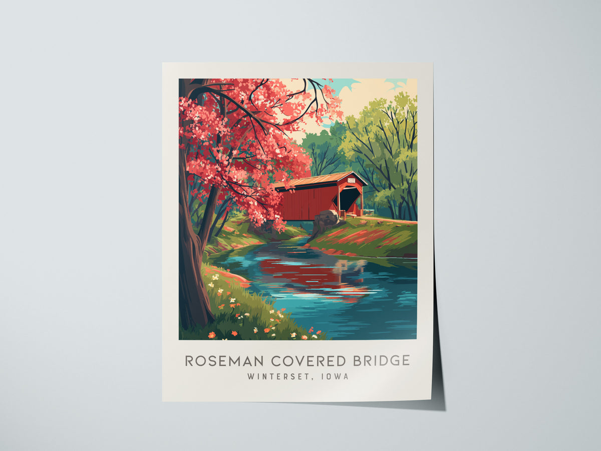 Roseman Covered Bridge Matte Border Poster | Winterset, Iowa Destination Print Travel Wall Art — giclée print detail on matte