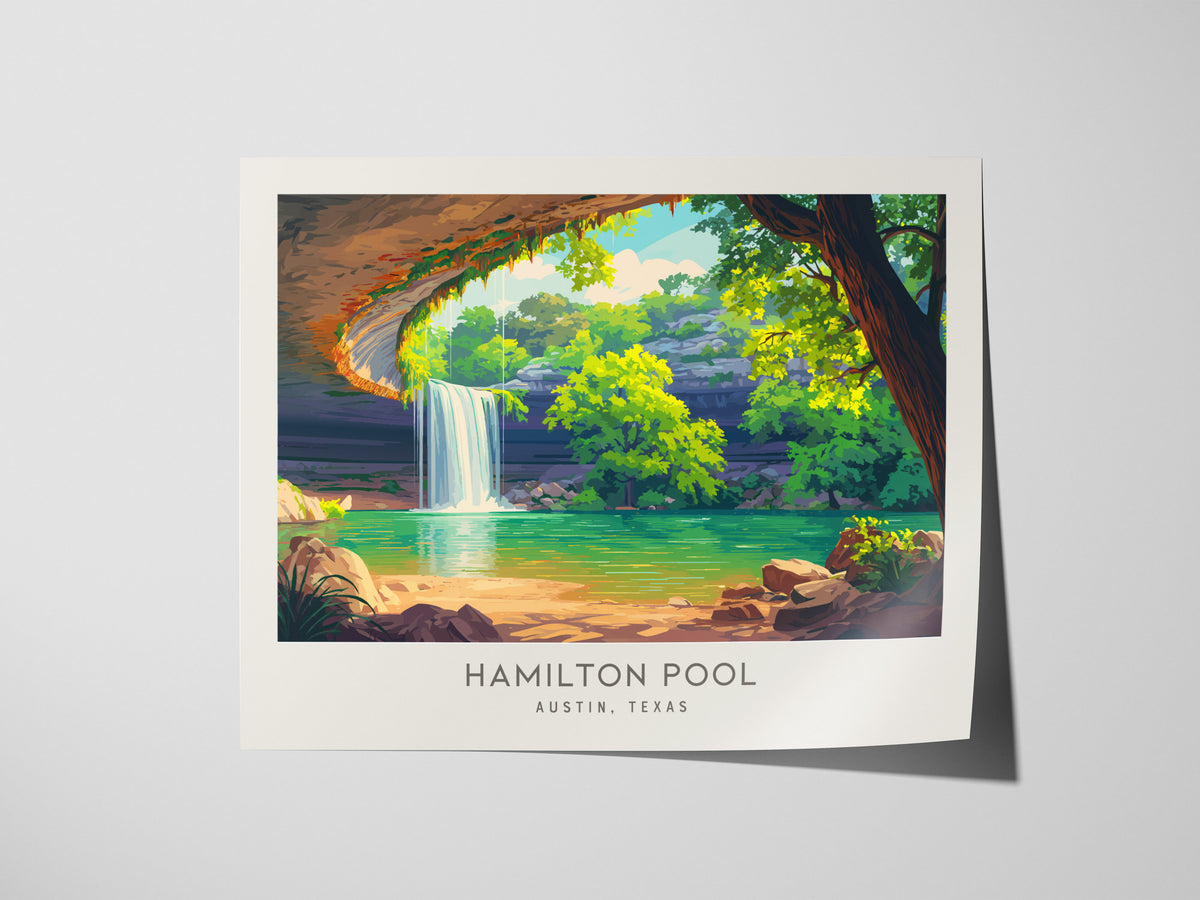 Hamilton Pool Landscape Matte Border Poster | Austin, Texas Travel Gift & Natural Grotto Wall Art — giclée print detail on ma