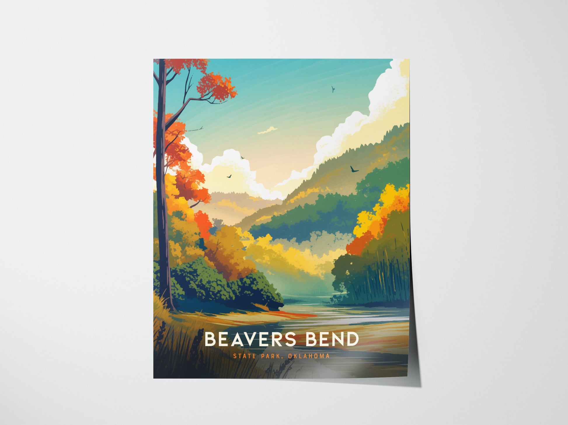 A colorful poster of Beavers Bend State Park depicts a scenic landscape with vibrant autumn trees, rolling hills, and a serene river under a bright blue sky.