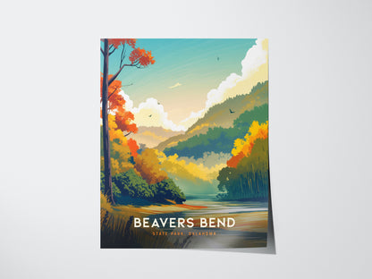 A colorful poster of Beavers Bend State Park depicts a scenic landscape with vibrant autumn trees, rolling hills, and a serene river under a bright blue sky.