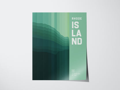 Abstract wall art poster featuring layered green shades and the text Rhode Island in bold white letters on the right, with minimalist design elements.