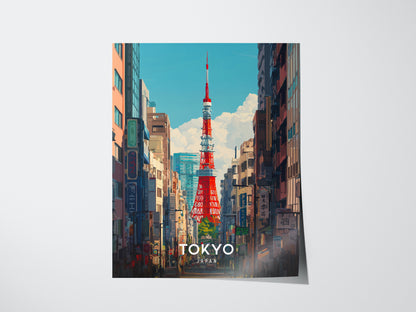 A vibrant poster of Tokyo Tower rising above a bustling cityscape, framed by tall buildings under a blue sky. Tokyo, Japan is written at the bottom.