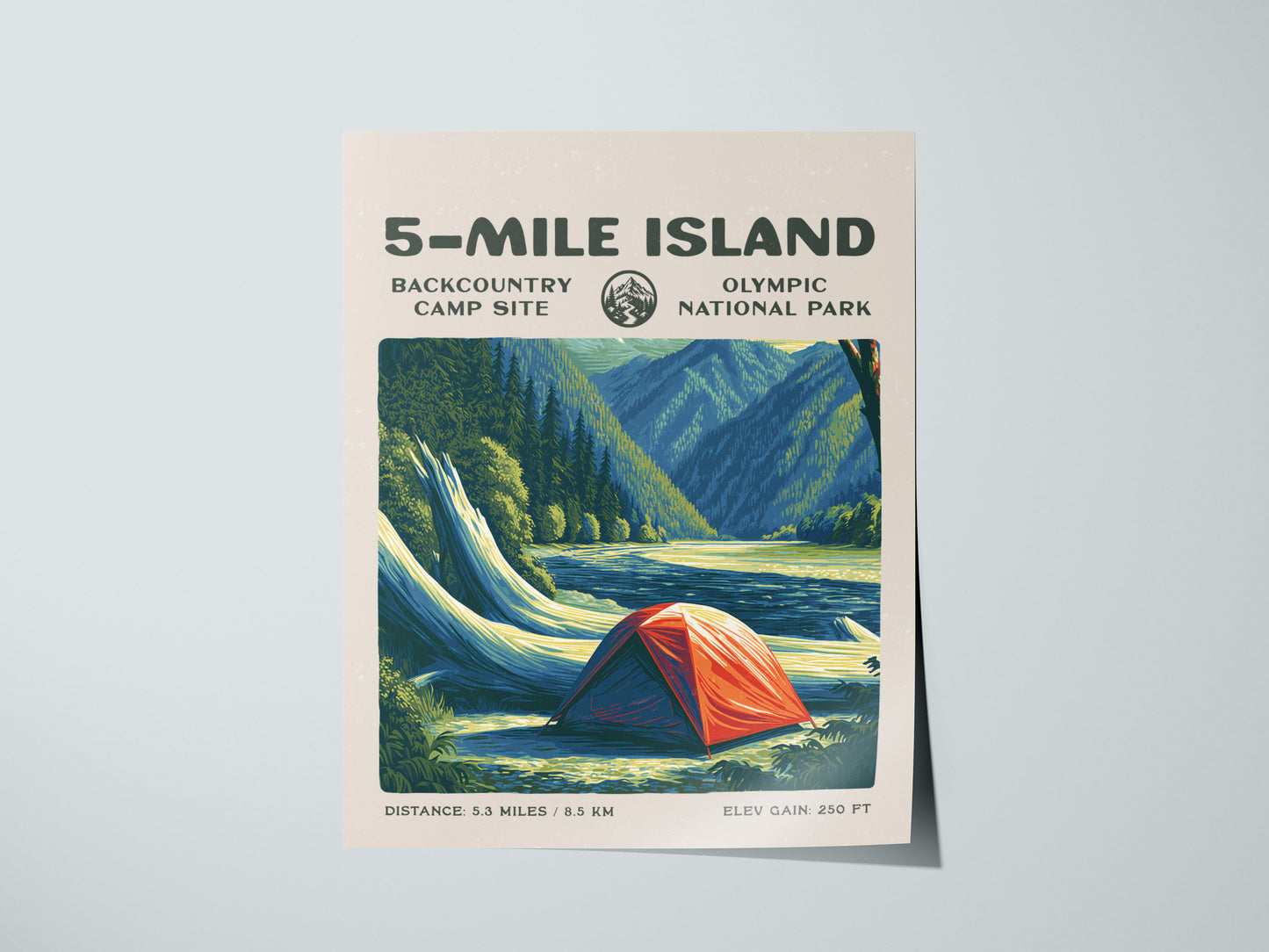 5-Mile Island, Olympic National Park Poster | Hiker Gift | Rainforest River Backcountry Wall Art — giclée print detail on mat