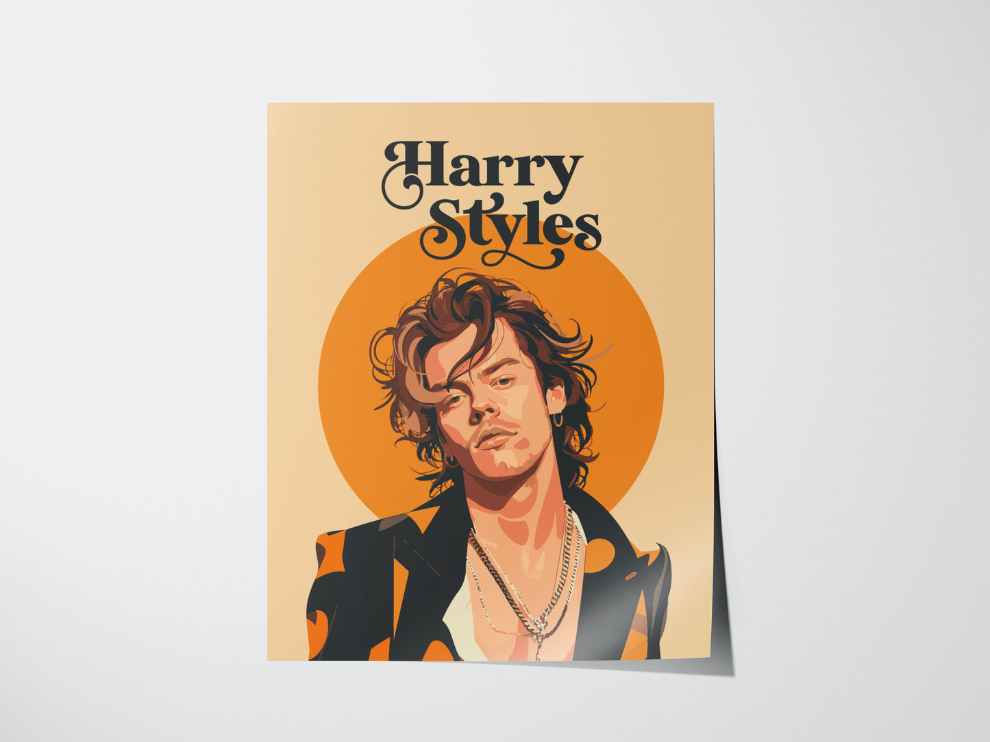 Illustrated poster of a person with layered necklaces and a stylish jacket against a warm orange circle. The text Harry Styles is displayed above in bold lettering.