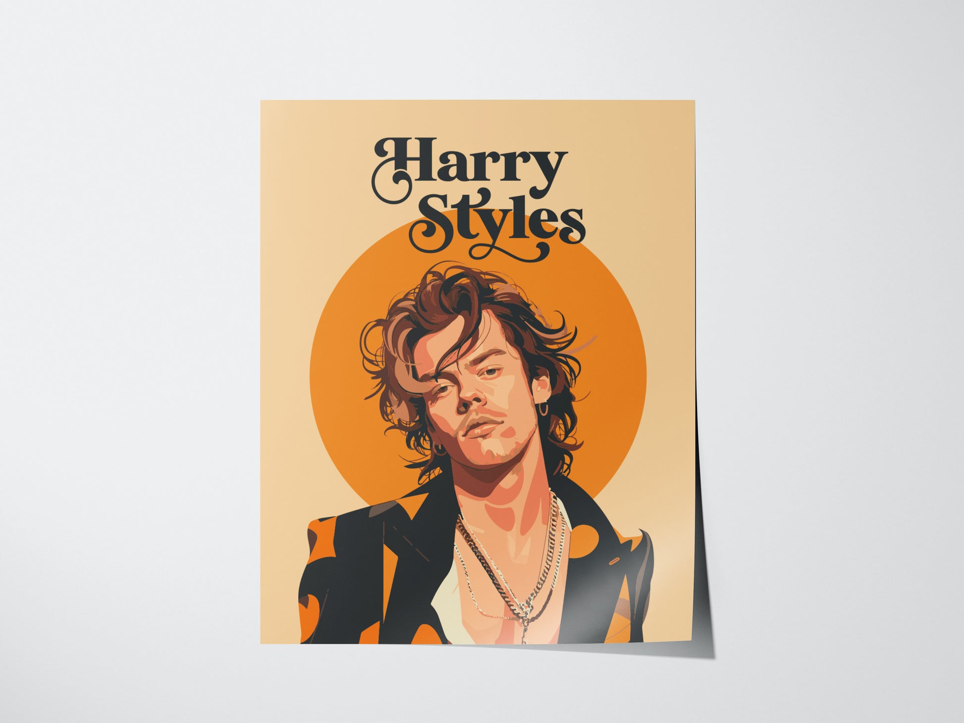 Illustrated poster of a person with layered necklaces and a stylish jacket against a warm orange circle. The text Harry Styles is displayed above in bold lettering.