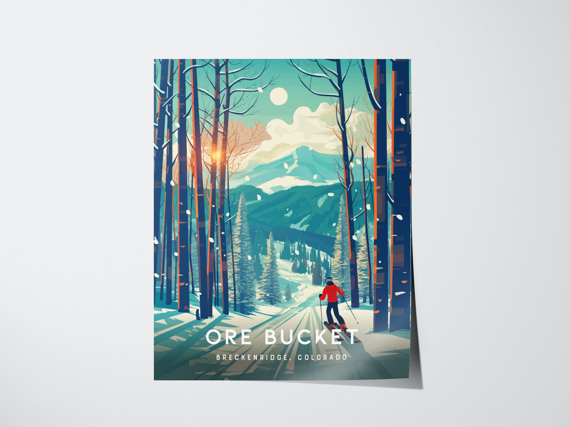 A colorful poster of a skier in a red jacket on a snowy trail, surrounded by tall trees and mountains under a bright sky. Text reads Ore Bucket, Breckenridge, Colorado.