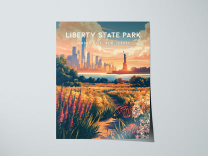 Liberty State Park, Jersey City, New Jersey Poster | Skyline & Harbor Travel Wall Art — giclée print detail on matte paper