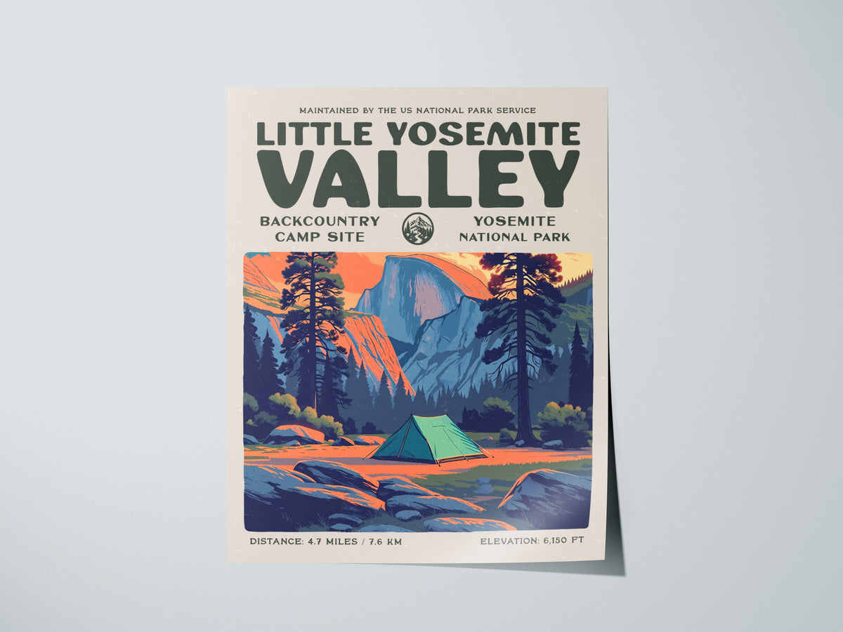 Little Yosemite Valley, Yosemite National Park Poster | Hiker Gift | Backcountry Trail Wall Art — giclée print detail on matt