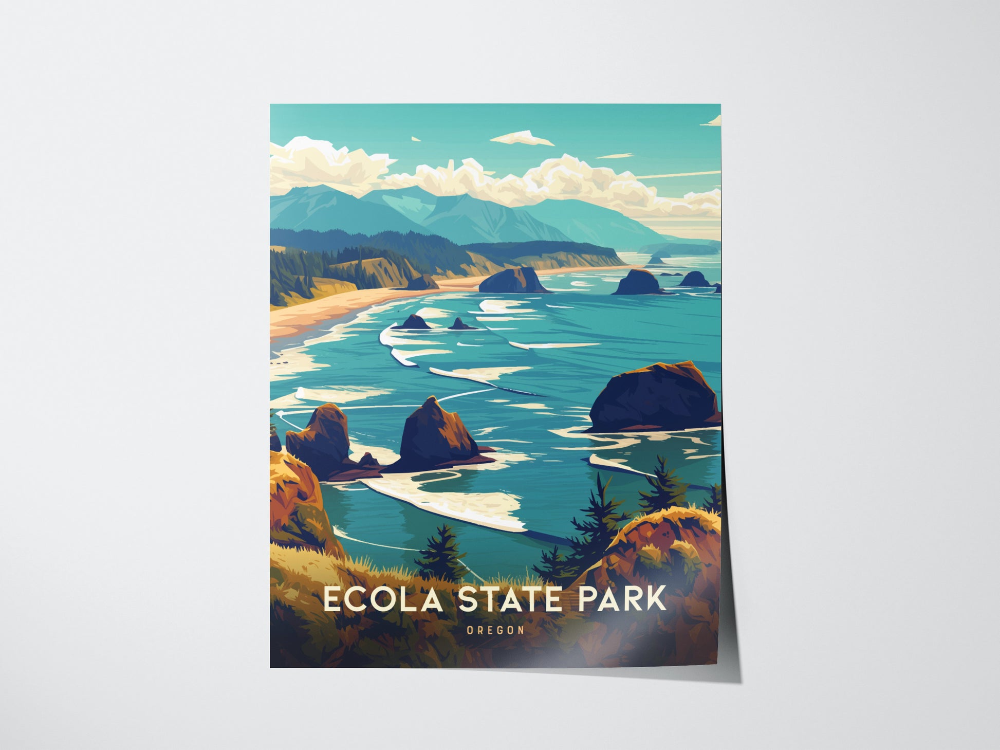 Illustrated poster of Ecola State Park showcasing rugged cliffs, lush greenery, and the Pacific Ocean with scattered rocks and waves.