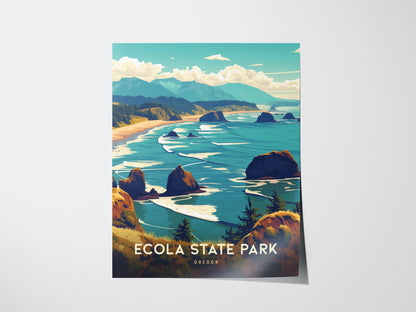 Illustrated poster of Ecola State Park showcasing rugged cliffs, lush greenery, and the Pacific Ocean with scattered rocks and waves.