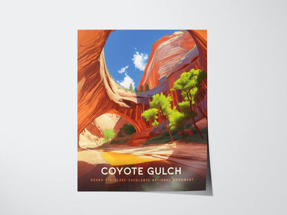 A vibrant poster of Coyote Gulch features red rock formations, a bright blue sky, and lush green trees. Text at the bottom reads Coyote Gulch, Grand Staircase–Escalante National Monument.