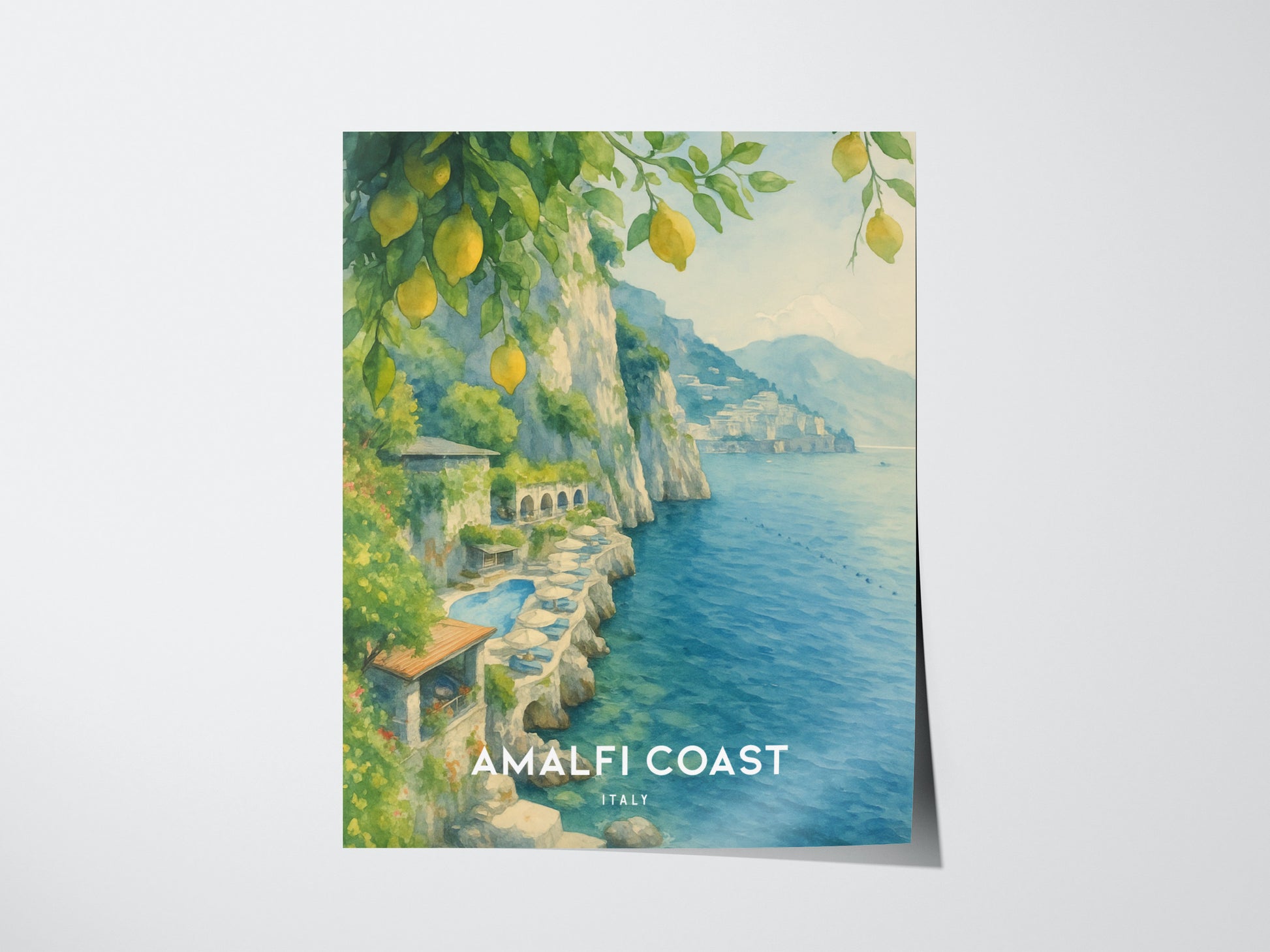 Amalfi Coast Italy Watercolor Travel Print | Hotel Santa Caterina Wall Art Poster | Framed or Unframed