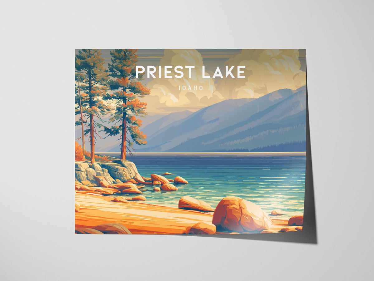 Priest Lake, Idaho Landscape Poster | Wilderness Lake Vacation Wall Art — giclée print detail on matte paper