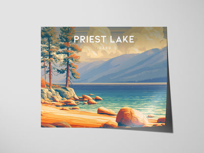 Priest Lake, Idaho Landscape Poster | Wilderness Lake Vacation Wall Art — giclée print detail on matte paper