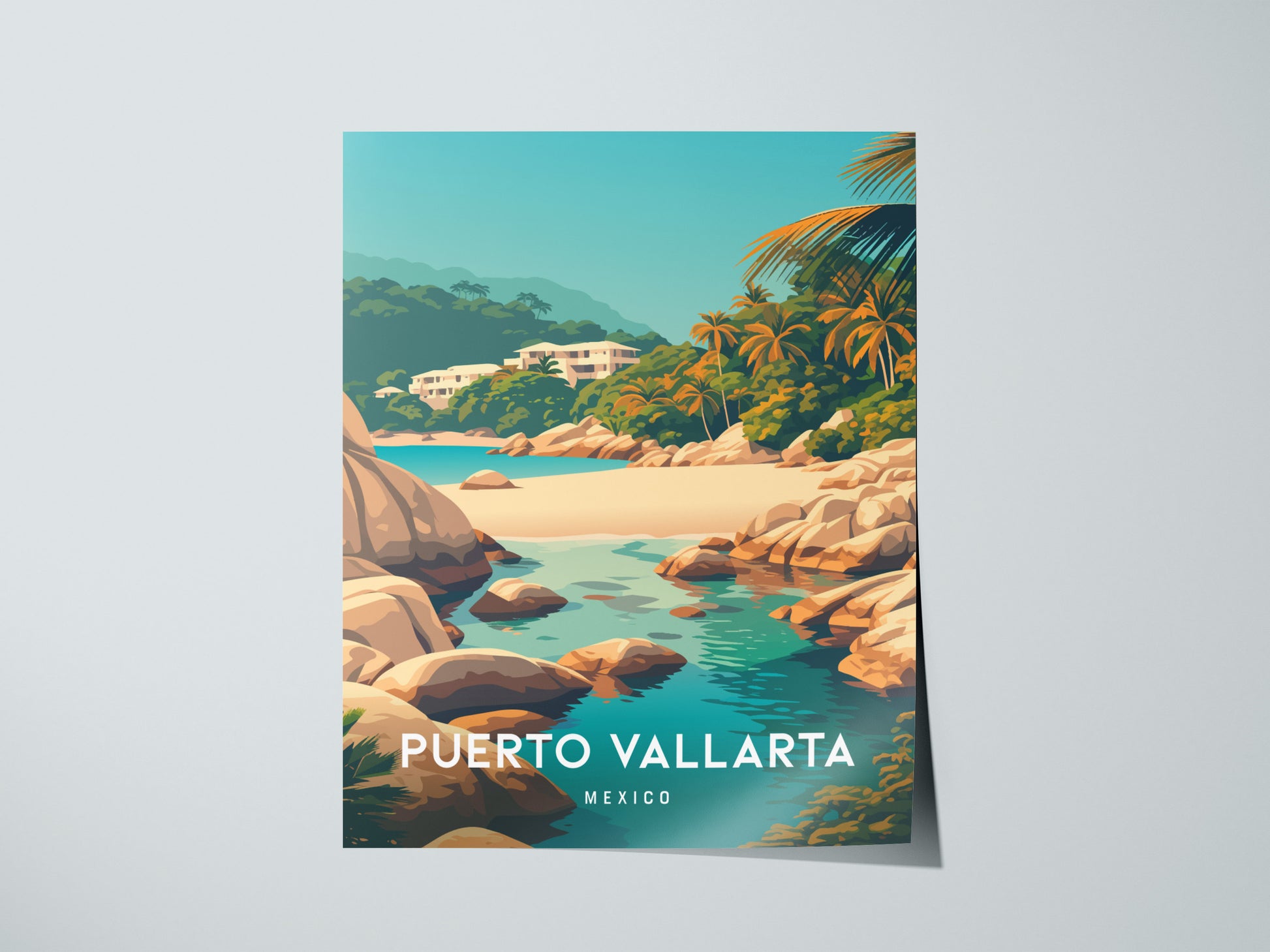 Puerto Vallarta, Mexico Poster | Tropical Coast & Cathedral Wall Art — giclée print detail on matte paper